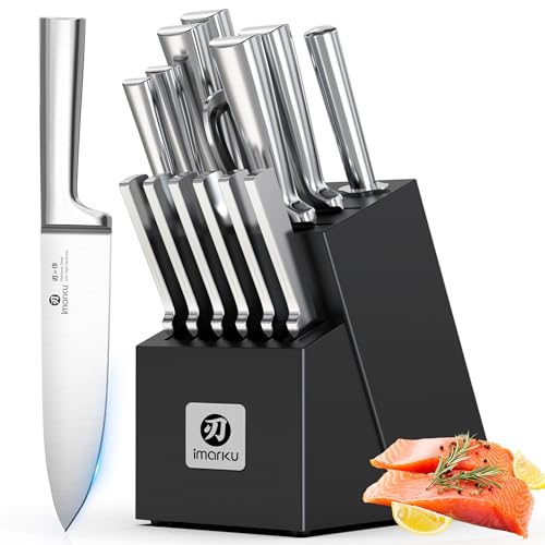 Image of imarku 15-Piece Knife Block Set Built-in Sharpener, Japanese High Carbon Stainless Steel Kitchen Knife Set, Dishwasher Safe, Chef Knife Set with Wooden Knife Block, Santoku Knive for Kitchen Cooking