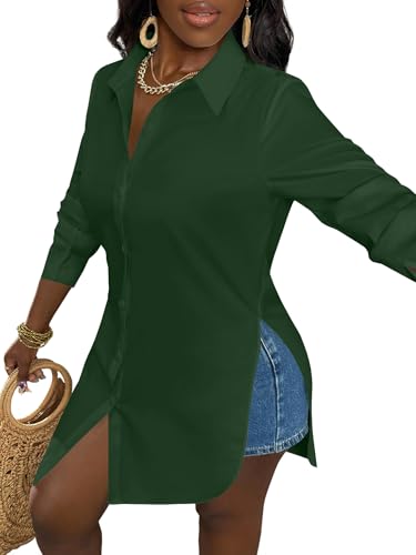 Image of LYANER Women's Collar Neck Long Sleeve Button Down Shirts Sexy Split Hem Tops Long Blouse Shirt Dress