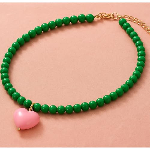 Heart Necklaces For Women, Green Beaded Pink Heart Pendant Choker Necklace Summer Y2K Cute Statement Trendy Dainty Non Tarnish Waterproof Jewelry Gift 5