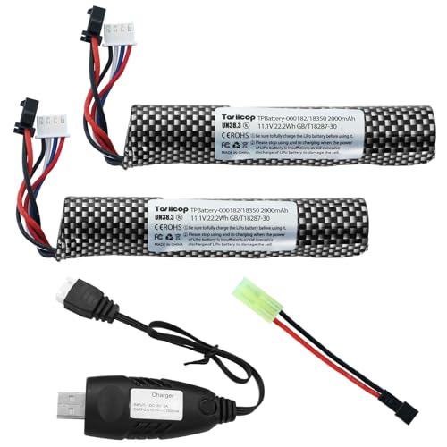 Tosiicop 11.1v Battery Gel Blaster - Airsoft Batteries 11.1 Volt 2000mAh with Charger and Mini Tamiya Connector to SM-2P Plug Conversion Cable for Water Bead Splatter Ball 2 Pcs