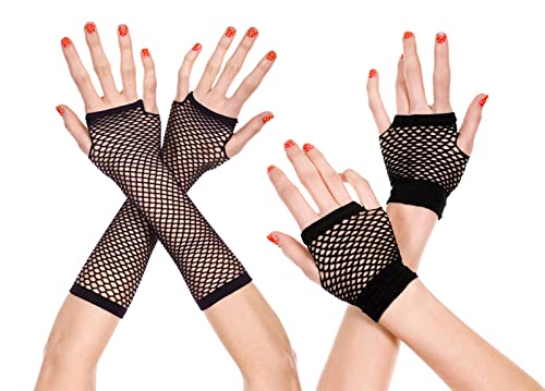 iRenXiao 2 Paires Gants Résille, Gants Résille Longs + Gants Résille Courts, Gants Mitaine Femme Gant Noir Deguisement pour Halloween, Soirée Cover