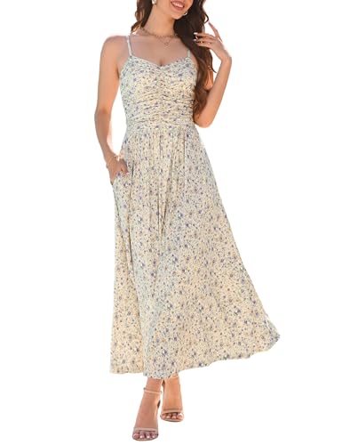 Image of Annebouti Women 2026 Summer Spring Ruched Maxi Dress Adjustable Spaghetti Strap Floral Beach Long Sundress with Pockets