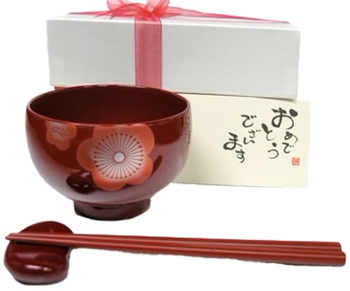 花梅ベビー椀セット 朱/出産祝い ギフト お椀 子供用 箸 箸置き のし 贈り物 日本製 メッセージカード プレゼント