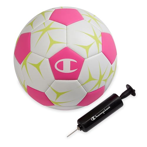 Champion Prodigy Soccer Ball (Size 5, White/Optic Pink/Evening Primrose) – Matte Finish, 32-Panel Design, Enhanced Control, PVC Cover & Butyl Bladder, for Indoor & Outdoor Training, Includes 6" Pump