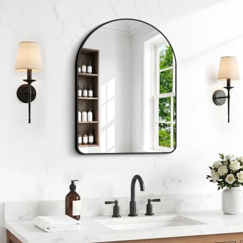 Image of BONEWEI Arched Wall Mirror,24x30 inch Black Arched Mirror Bathroom,Vanity Mirror for Over Sink Metal Frame,Tempered Glass Arch Mirrors for Bedroom,Entryway,Living Room,Home Decor Shatter-Proof
