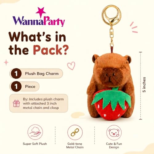 Image of Wanna Party Cute Capybara Plush Keychain with Strawberry, Soft Stuffed Toy Bag Charm with Metal Key Ring