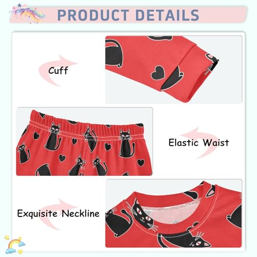 Pajama Sets Long Sleeve Black Cats Red Background Soft Comfy Sleepwear 2 Piece PJS 3-8T4