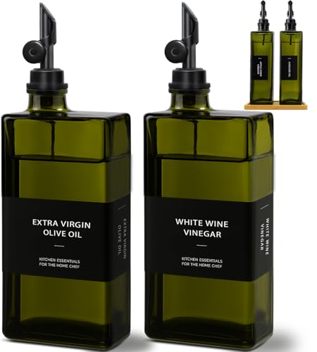 Olive Oil Dispenser Bottle for Kitchen with Bamboo Tray- 16.9oz Glass Oil and Vinegar Dispenser Set, Soy Sauce & Syrup Bottle, Modern Hostess Gift (Green, Set of 2)