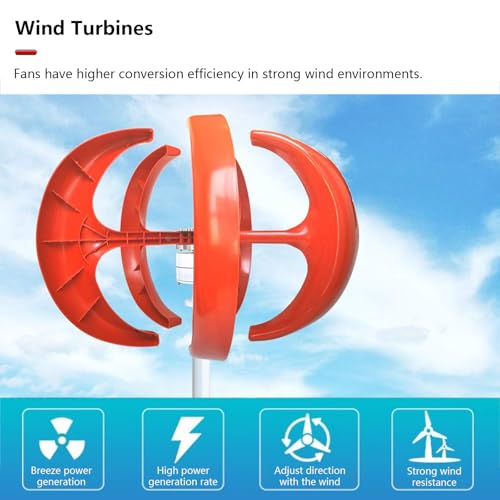 Wind Turbine Generator, 12V/24V/48V/72V/110V/220V 5 Blades Wind Turbine Kit, 12000W Wind Power Generator with Controller, for Boats, Gazebos, Houses, Industry, Red,220V - Image 2