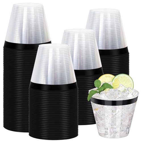 Image of 120 Pcs Black Plastic Cups,9Oz Black Rimmed Plastic Cups,Heavy Duty Clear Disposable Plasitc Cocktail Tumblers Wine Cup for Party,Wedding,Birthday,Christmas