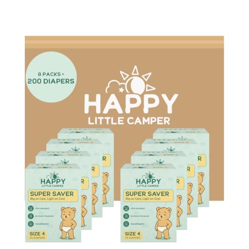 Image of Happy Little Camper Super Saver Diapers, Size 4, 200 Count | Budget-Friendly Disposable Diapers for Sensitive Skin | Hypoallergenic, Fragrance-Free, Ultra Absorbent