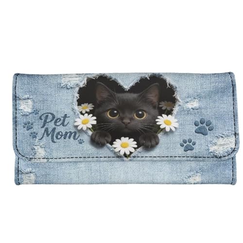 Image of AFPANQZ Funny Black Cat Womens Wallets Leather Trifold Multi Card Holder Slots Wallet, Elegant Clutch Phone Holder Zip Inner Pocket Multi-Cards Slots Large Travel Wallet
