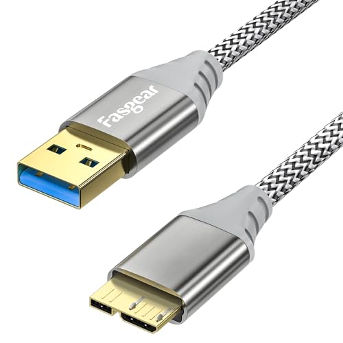 Fasgear Micro B 3.0 Cable: External Hard Drive Cable Nylon Braided USB 3.0 A to Micro B Cord 5Gbps Data Syncing & Fast Charging Cord Compatible with Samsung Galaxy S5/Note 5/Note Pro 12.2 (6ft, Gray)