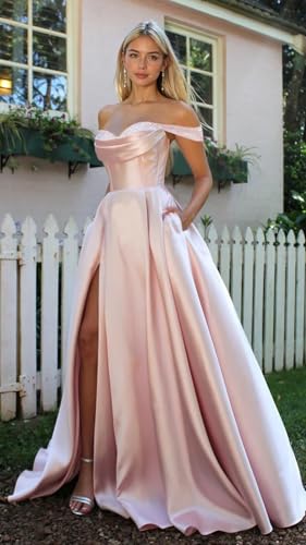 Off The Shoulder Satin Prom Dresses for Women 2025 Long Slit A Line Formal Evening Party Gowns with Pockets4