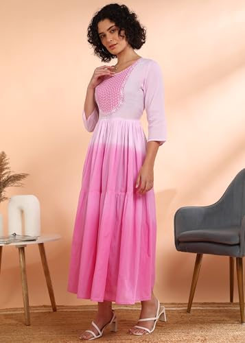 Image of Maaesa Women Embroidered Cotton Flared Dress