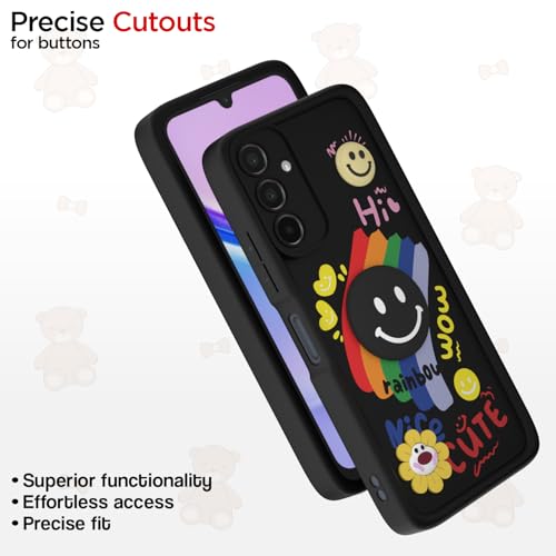 Image of Pikkme Back Cover for Samsung Galaxy M15 / F15 / M15 5G Prime | Soft Silicone| Cute Rainbow Smile & 3D Cartoon Flower Design | Shockproof Raised Camera Protection Bumper Case (Black)