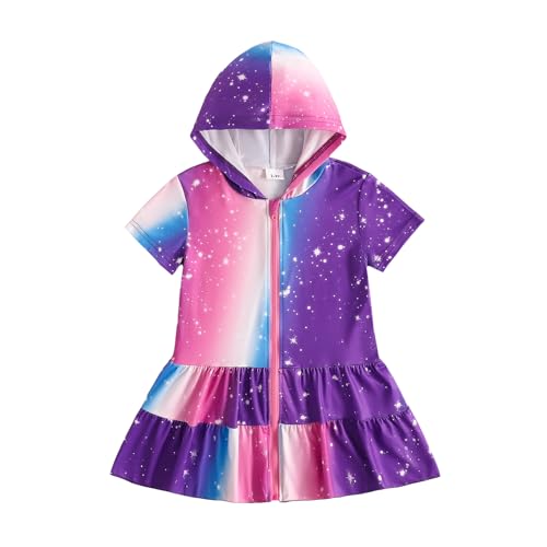 Image of Girls Swim Cover Up Kids Short Sleeve Swimsuit Coverups Terry Zip-Up Hoodies Beach Dress Ruffle Bathing Suit Wraps