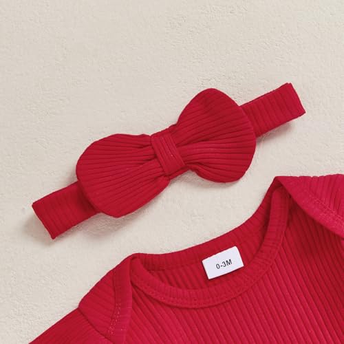 Cute Infant Newborn Baby Girl Christmas Outfit Long Sleeve Ribbed Romper Santa Bow Layered Suspender Skirt Set 3Pcs3