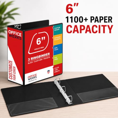 Image of 2 Pack 6 Inch 3 Ring Binder, Heavy Duty Locking D-Ring, Holds 1100+ Sheets | Fits 8.5 x 11 Inch Paper, Non-Stick Clear View Cover, Customizable Spine, PVC-Free, with Pockets, Black - Performore