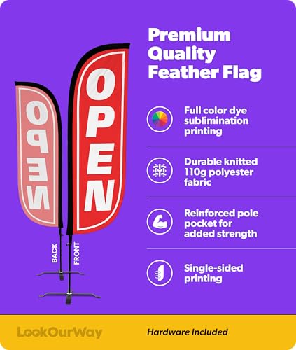 Image of LookOurWay Feather Flag Set - 5ft Tall Advertising Banner Flag with Pole Kit and X-Stand for Business Promotion - Open, Red /White