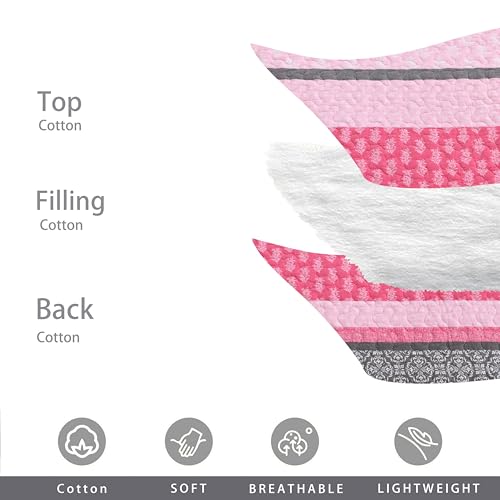 Image of Homzard Quilts Queen Size, Cotton Comforter Set, Hot Pink Grey Queen Bed Set, Lightweight Striped Bedding, Farmhouse Bedspread All Season 3 Pieces