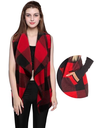 Mannice Womens Buffalo Plaid Sleeveless Cardigans Lapel Open Front Plaid Vest Jacket Coat with Pockets4