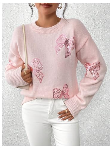 MakeMeChic Women's Crew Neck Sweater Bow Knot Sequin Long Sleeve Drop Shoulder Knit Top4