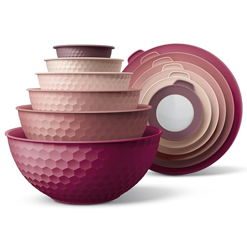 COOK WITH COLOR Mixing Bowls with Lids - 12 Piece Plastic Nesting Bowls Set includes 6 Prep Bowls and 6 Lids, Non Slip Bottom and Embossed Design - Microwave Safe (Rose)
