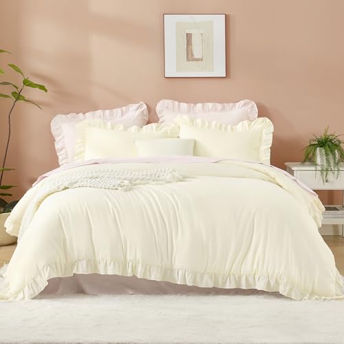 Image of Litanika Cream King Size Comforter Set, 3 Pieces Ruffle Farmhouse Aesthetic Bedding Comforter Set, All Season Soft Lightweight Fluffy Microfiber Bed Set(104x90In Comforter, 2 Pillowcases)