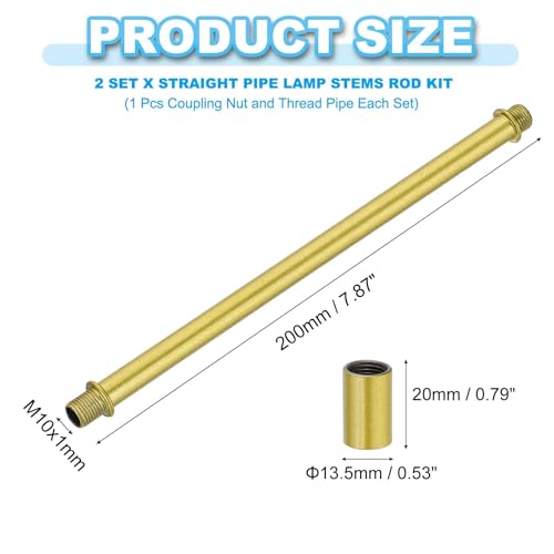 Image of PATIKIL Straight Pipe Lamp Stems Rod Kit, 2 Set M10 Carbon Steel 200mm(7.87 inch) Long Double End Thread Rod with Coupling Nuts Sleeve Connector for Table Lamps Chandeliers,Sand Gold