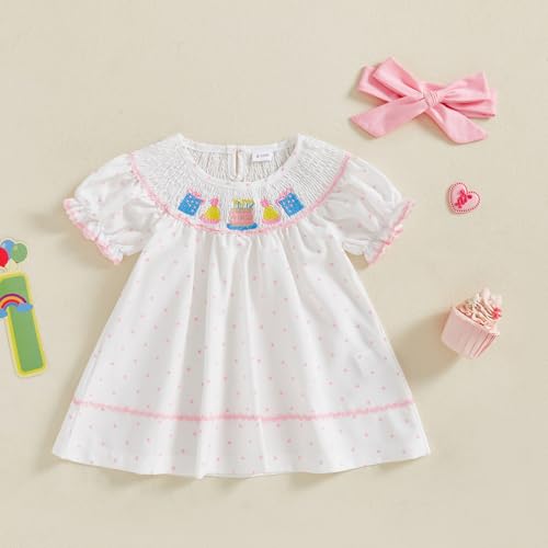 Toddler Baby Girl Birthday Outfit Cake Embroidery Smocked Dress Short Sleeve Princess Party Dresses Summer Clothes3