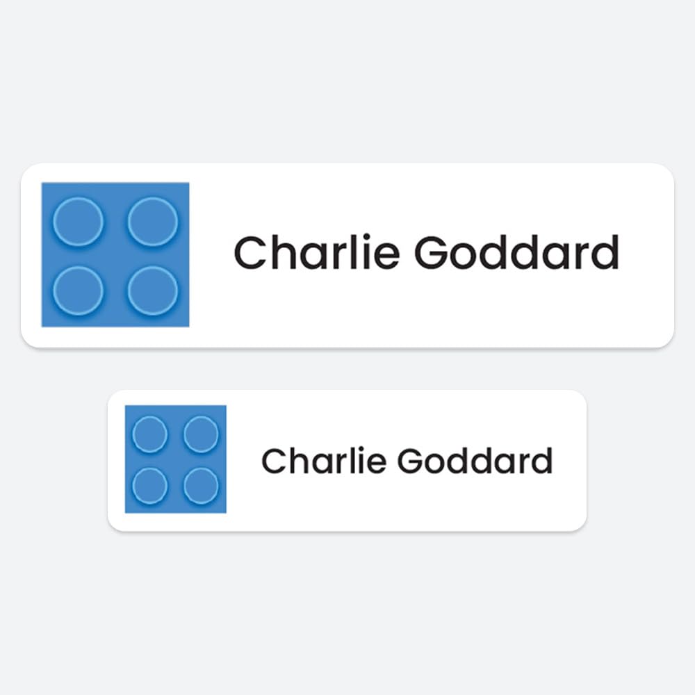 50 x No Iron Personalised Stick On Waterproof Washable Name Labels Great for Clothes, School Uniform, Equipment, Shoes and Much More. School, Nursery, Day Care, Hospital - Building Block - Blue