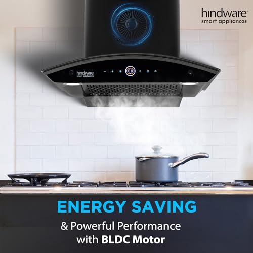Image of Hindware Smart Appliances | Nadia BLDC 60 IN Kitchen Chimney | 1600 CMH |Curved Glass | Filterless | Auto Clean | Touch Control, Motion Sensor | 12 Yrs Warranty on Motor & 3 Yrs on Product (Black)