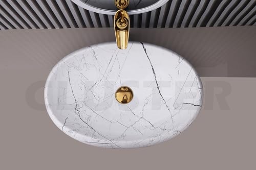 Image of CLUSTER Designer Glossy Ceramic Table Top Wash Basin For Bathroom | Countertop Bathroom Sink For Livingroom, Resturant Decor, Oval Shape (24 x 16 x 6 inch)