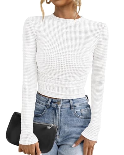 PRETTYGARDEN Womens Tops 2026 Spring Long Sleeve Fitted T Shirts Waffle Ruched Crop Shirt Basic Knit Workout Y2k Clothes(White,Small)