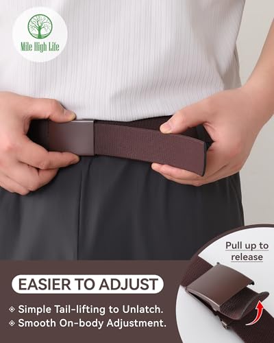 Image of Mile High Life Stretch Canvas Belt for Men, Golf Casual Elastic Web Belt, Top Military Buckle, Adjustable Cut to Fit