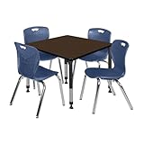 Romig Trek 42 in. Square Adjustable Classroom Table- Neo Walnut Top, Black Base & 4 Andy 18 in. Blue Stack Chairs
