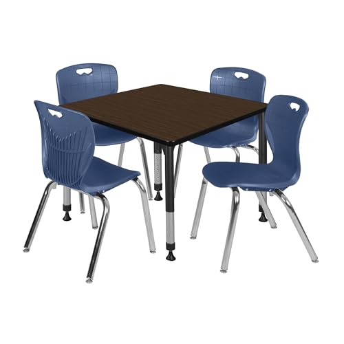 Romig Trek 42 in. Square Adjustable Classroom Table- Neo Walnut Top, Black Base & 4 Andy 18 in. Blue Stack Chairs
