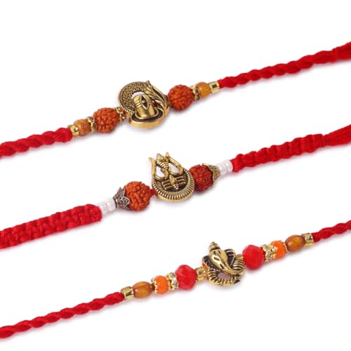Image of Premium Set of 3 Rakhi for Brother with Greeting Card | Raksha Bandhan Trishul Design Rakhee Thread | Shivling & Ganesha Rakhi Gift Set for Brother, Bhaiya & Bhabhi | Traditional Designer Rakhi Combo