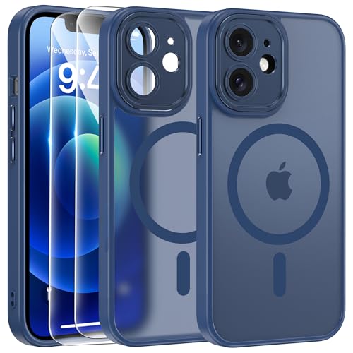 FLLAO Cover Magnetica per iPhone 12 Custodia e 2 Pellicole in Vetro Temperato, Cover iPhone 12 Compatibile con Magsafe, Traslucida Opaca Posteriore Sottile Antiurto Protettiva Case, Blu Tempesta
