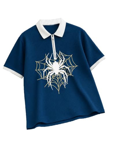 Image of AUSK Men's Spider Graphic Printed Polo T-Shirt | Cotton Blend Textured Regular Fit Half Sleeve Zip Polo Neck Casual T-Shirt for Men