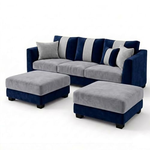 Image of Revo 5 Seater L Shape Sofa Set with 2 Movable Ottomans | Flexible Layout | Luxury Velvet Suede Fabric | Modern Living Room Sofa | Dark Blue-Light Grey