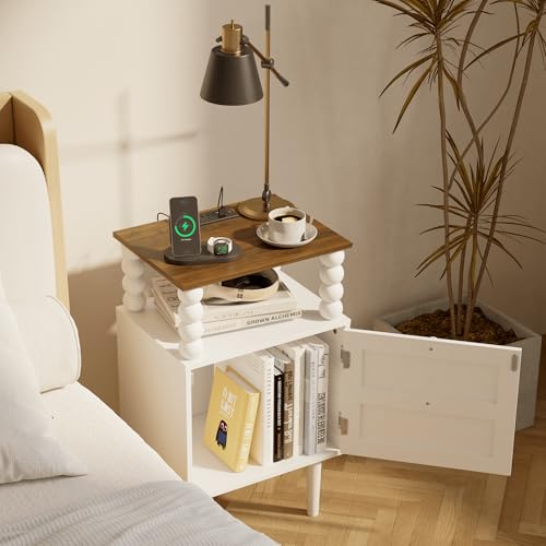 Image of Veegle White Nightstand with Charge Station,Modern Bedside Table with Storage Drawer and Open Wood Shelf, for Bedroom and Small Spaces,Night Stand with Solid Wood Legs (White)