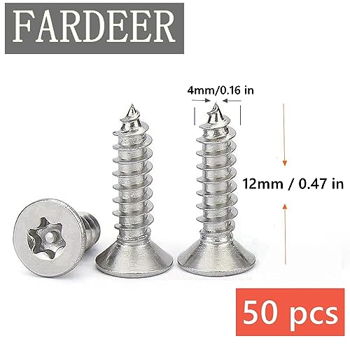 FARDEER Stainless Steel Flat Head Self-Tapping Screws M4*12mm Security Silver Screws Anti-Theft Tamper Proof. (50pcs) - Image 2