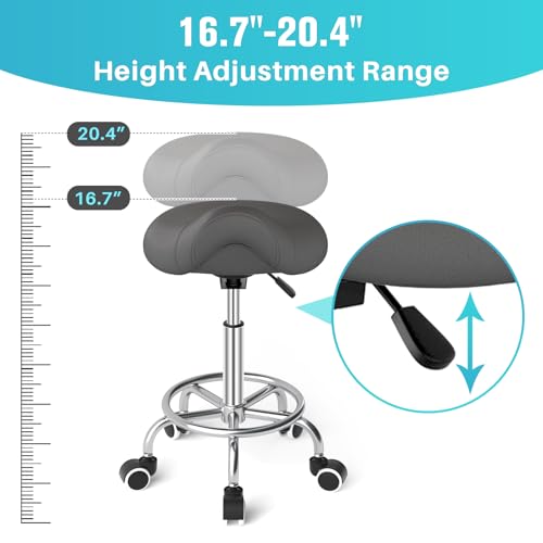Image of YEEZEE Saddle Stool Ergonomic- Comfortable Rolling Saddle Stool with Wide Thick Saddle Seat Padding, Swivel Adjustable Saddle Chair with Wheels and Ring Pedal for Medical Massage Salon (Grey)