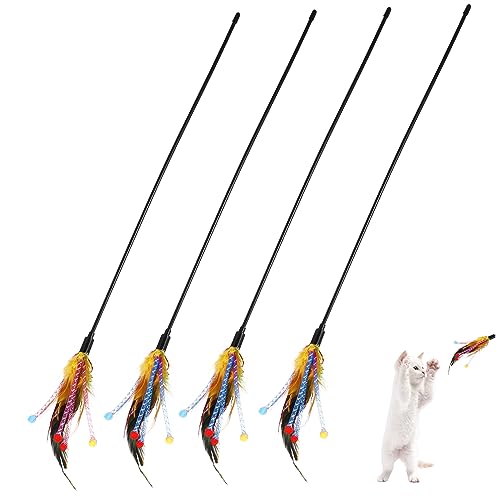 MERRYHAPY Cat Feather Teaser Toys 4 Pieces Interactive Cat Wand Set High Energy Toys for Cats Fabric Stripe and Random