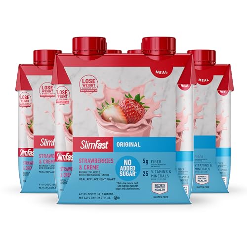 SlimFast Meal Replacement Shake Original Strawberries & Crme No Added Sugar Meal Replacement Shakes 10g Ready to Drink Protein 5g Fiber 25 Vitamins and Minerals 11 Fl. Oz 12 Count