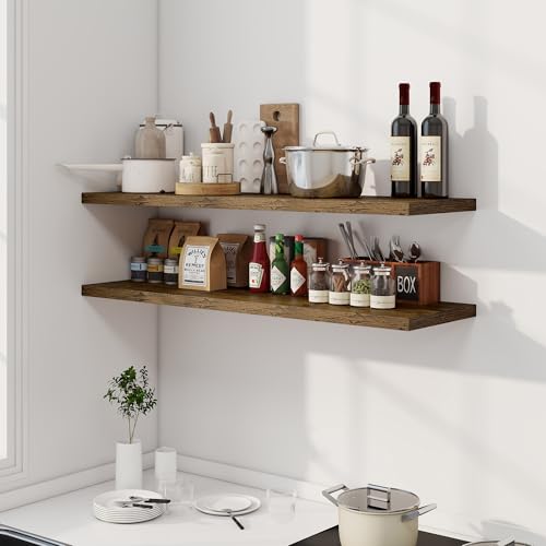 Image of Dreamland 48 inch Floating Shelves for Wall, 12 inch Deep Slim Rustic Brown Floating Shelves,Wall-Mounted Shelves for Bedroom, Living Room, Kitchen, Bathroom - Set of 2
