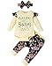 Amissz Ensemble de vêtements pour bébé fille avec volants et épaules + pantalon floral avec bandeau., Beige/noir., 0-3 mois