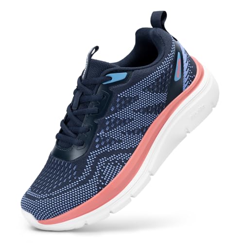 FitVille Zapatos deportivos ortopédicos de ancho ancho para mujer, para fascitis plantar, alivio del dolor de talón y pies, Cloud Walker V8, Azul marino con rosa oscuro, 37.5 EU